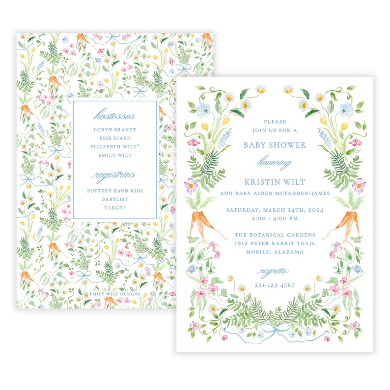 Puede incluir: Una invitaci&oacute;n a una fiesta de bienvenida al beb&eacute; con un dise&ntilde;o floral que incluye cintas azules y blancas, zanahorias y flores. El texto dice "Por favor, &uacute;nase a nosotros para una fiesta de bienvenida al beb&eacute; en honor a Kristin Wilt y al beb&eacute; Aiden McFadden-James. S&aacute;bado, 24 de marzo de 2024, de 2:00 a 4:00 PM. The Botanical Gardens, 1912 Peter Rabbit Trail, Mobile, Alabama. Regrets: 251-123-4567."