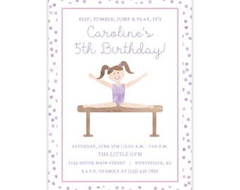 May include: Purple and white birthday invitation with a cartoon girl gymnast on a balance beam. The invitation says "Flip, Tumble, Jump & Play, It's Caroline's 5th Birthday!" and includes the date, time, location, and RSVP information.