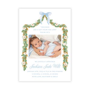 PRINTABLE Baby Boy Birth Announcement | Editable Corjl Template | Newborn Photo Card | Digital Download | "Blue Magnolia Garland" Design