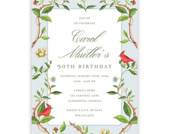 Plantilla de invitación para fiesta de chinoiserie cardenal para imprimir, de Emily Wilt Designs