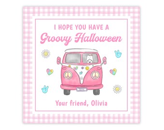 May include: A square card with a light pink gingham border featuring a pink van illustration. Text reads I HOPE YOU HAVE A Groovy Halloween and Your friend, Olivia. The van has a ghost driver, peace signs, flowers, and hearts as decorations.