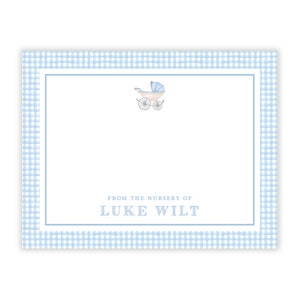 Tarjeta de notas azul para bebé niño IMPRIMIBLE / Papelería infantil editable / Plantilla Corjl de carruaje vintage / Nota personalizada de cuadros
