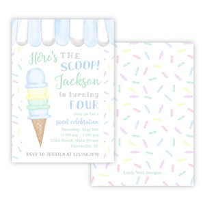 May include: A light blue and white ice cream cone with sprinkles on a white background. The text reads "Here's The Scoop! Jackson is turning Four. Join us for a sweet celebration. Saturday, May 10th 11:00 am - 1:00 pm 1234 South Main Street Huntsville, AL RSVP to Jessica at 123.456.7890".