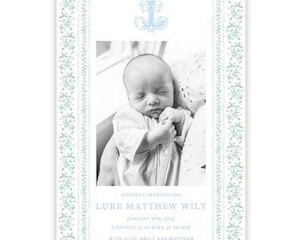 PRINTABLE Baby Boy Birth Announcement | Editable Corjl Template | Newborn Photo Card | Digital Download | "Blue Floral Toile" Design