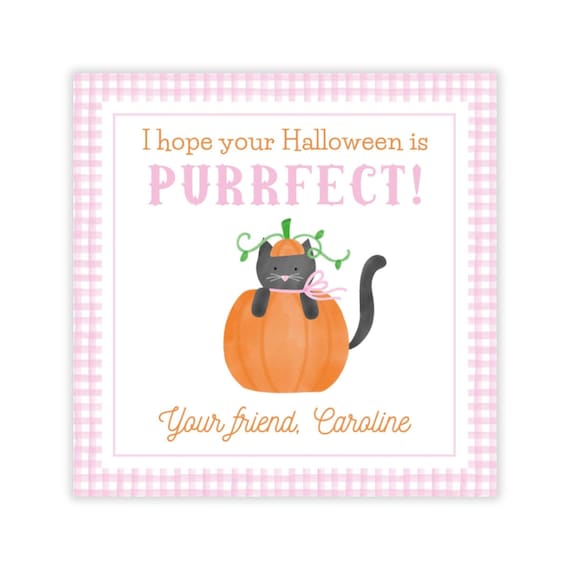 PRINTABLE Halloween Favor Tags, Purrfect Cat Pumpkin Gift Tags, Cute Black Cat Kids Halloween Classroom Treat Labels Corjl | 501