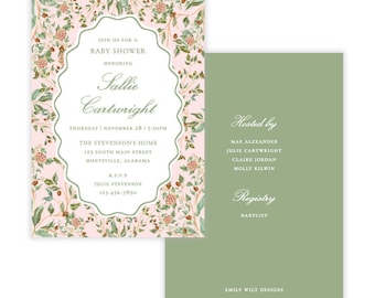 PRINTABLE Pink Winter Chinoiserie Baby Shower Invitation | Corjl Template | Floral Garden Bridal Shower or Rehearsal Dinner Invite | 127