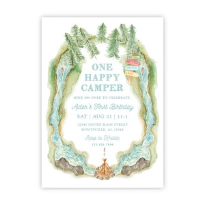 PRINTABLE One Happy Camper First Birthday Party Invitation Template by Emily Wilt Designs