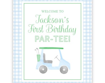 PRINTABLE 8x10 Golf Welcome Sign | Blue Gingham Golf Birthday Decor | Editable Corjl Template | Hole in One Golf First Birthday Par-Tee 101