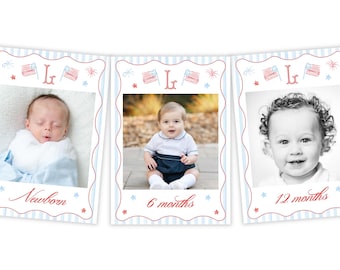 PRINTABLE Monthly Photo Banner for First Birthday | Editable Corjl Patriotic Milestone Cards | One All American Boy | 115