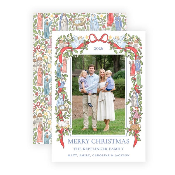 May include: A rectangular Christmas card featuring a central photo of a family framed by a watercolour border of nativity figures, greenery, and a red ribbon. The text reads 2026, MERRY CHRISTMAS, THE KEPPLINGER FAMILY, MATT, EMILY, CAROLINE & JACKSON.