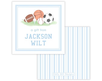 PRINTABLE Sports Gift Tag Template | Editable Corjl Tag for Boys or Kids Birthday Gift | Blue Stripe | "Blue Sports Stripe" Design