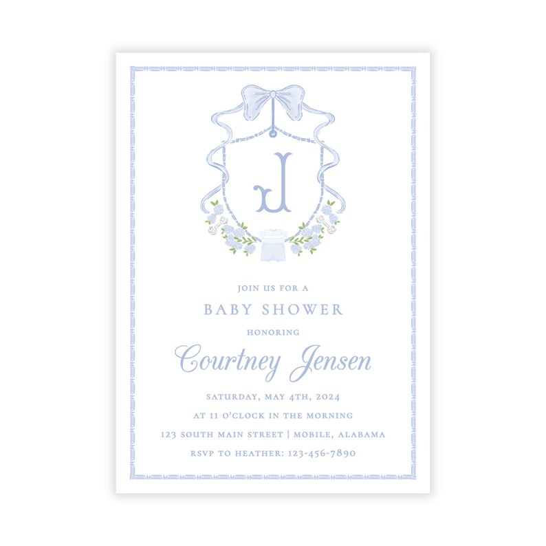 May include: Baby shower invitation with a light blue border and a central design featuring a bow, floral elements, and the letter "J". The invitation text reads "Join us for a Baby Shower" and honors Courtney Jensen.