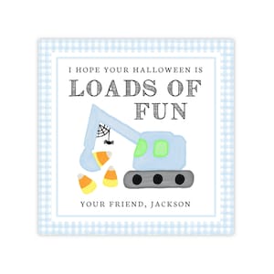 PRINTABLE Halloween Favor Tags, Construction Truck Gift Tags, Boys Treat Bag Labels, Excavator Halloween Corjl Template | 501