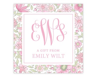 DRUCKBARE Monogramm Geschenkanhänger Vorlage | Bearbeitbares Corjl Geschenk oder Gehäuse Tag | Rosa Blumenborte | "Blushing Blooms Monogramm" Design