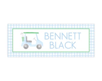 PRINTED Personalized Water-Resistant Name Labels | 60 Pack | 1x2.625" Stickers for Kids | Back to School, Daycare | Blue Golf | 101