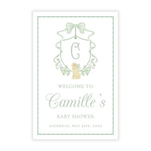 PRINTABLE 24x36 Baby Shower Welcome Sign | Gender Neutral Golden Retriever Shower Decor | Editable Corjl Template | Green Design | 117
