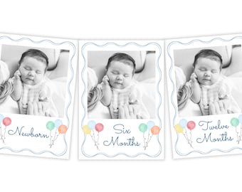 PRINTABLE Monthly Photo Banner for First Birthday | Editable Corjl Milestone Cards with Balloons for Baby Boy | 122