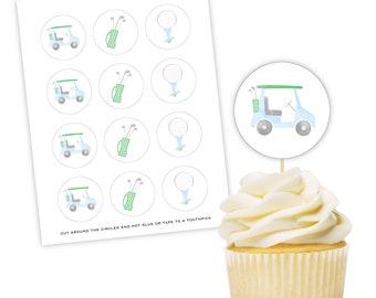 PRINTABLE Golf Cupcake Toppers | Blue Gingham Golf Birthday Decor | Hole in One First Birthday Par-Tee | Instant Download PDF 101