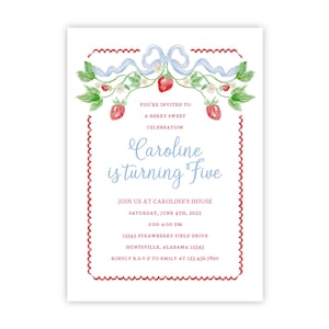 Invitation d'anniversaire aux fraises à imprimer | Invitation douce de partie de baie | Modèle Corjl modifiable | Aquarelle rouge et bleu | Téléchargement instantané