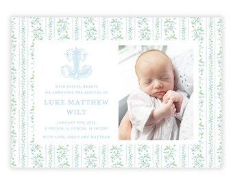 PRINTABLE Baby Boy Birth Announcement | Editable Corjl Template | Newborn Photo Card | Digital Download | "Blue Floral Toile" Collection