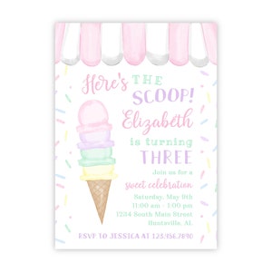 PRINTABLE Pastel Pink Ice Cream Birthday Invitation | Editable Corjl Template | Sweet 1st 2nd 3rd Birthday Party Invite | Instant Download