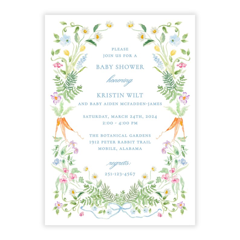 Puede incluir: Una invitaci&oacute;n a un baby shower con un borde floral. La invitaci&oacute;n es para Kristin Wilt y el beb&eacute; Aiden McFadden-James. La fiesta se celebrar&aacute; el s&aacute;bado 24 de marzo de 2024 de 2:00 PM a 4:00 PM en The Botanical Gardens, 1912 Peter Rabbit Trail, Mobile, Alabama. El n&uacute;mero de tel&eacute;fono para RSVP es 251-123-4567.