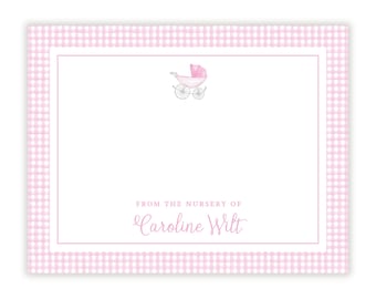 Tarjeta de notas rosa para niña imprimible / Papelería editable para guardería / Plantilla de cochecito vintage Corjl / Nota personalizada de cuadros vichy