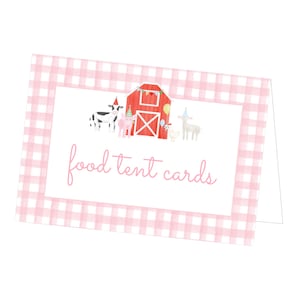 PRINTABLE Farm Food Tent Cards | Pink Gingham Barnyard Birthday Labels | Editable Corjl Template | Farm Party Name Cards