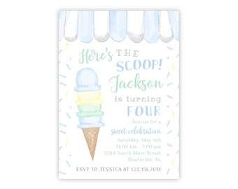 PRINTABLE Ice Cream Birthday Invitation | Pastel Sweet Celebration Invite | Editable Corjl Template | Here's the Scoop | Instant Download