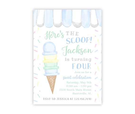 PRINTABLE Ice Cream Birthday Invitation | Pastel Sweet Celebration Invite | Editable Corjl Template | Here's the Scoop | Instant Download