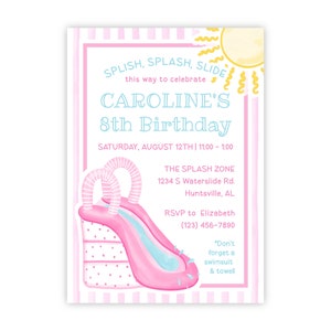 PRINTABLE Pink Water Slide Birthday Invitation | Girl’s Pool Party Invite | Editable Corjl Template | Girl Summer Splash Bash Birthday | 129