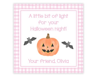PRINTABLE Halloween Favor Tags, Glow Stick Pumpkin Gift Tags, Pink Gingham Non Candy Classroom Treat Labels Corjl | 501