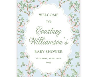 DRUCKBARE 18 x 24 Willkommensschild Vorlage | Blauer Blumenjunge-Babyparty oder Brautparty-Dekor | Bearbeitbares Corjl | Frühlings-Chinoiserie | 121