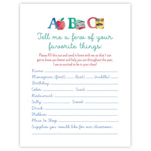 PRINTABLE Teacher Questionnaire PDF | Back to School “About My Teacher” Survey | Teacher Favorite Things Form