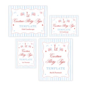 Puede incluir: Cuatro plantillas de letreros de fiesta personalizados en varios tama&ntilde;os. Cada letrero presenta un fondo a rayas azul claro y blanco con un borde decorativo. Los letreros incluyen el texto "Custom Party Sign" y el tama&ntilde;o en cm.