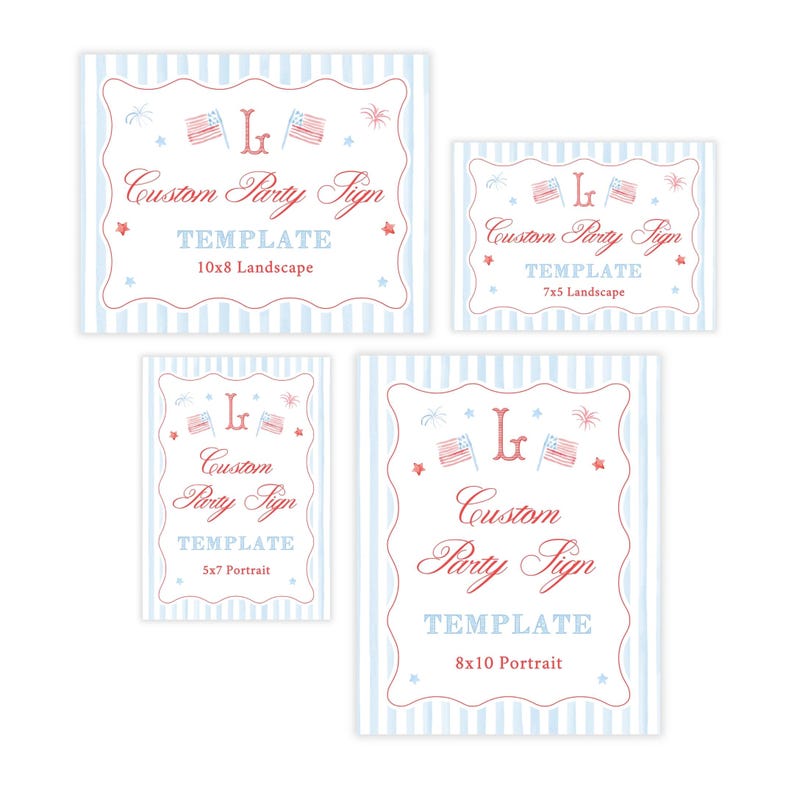 Puede incluir: Cuatro plantillas de letreros de fiesta personalizados en varios tama&ntilde;os. Cada letrero presenta un fondo a rayas azul claro y blanco con un borde decorativo. Los letreros incluyen el texto "Custom Party Sign" y el tama&ntilde;o en cm.