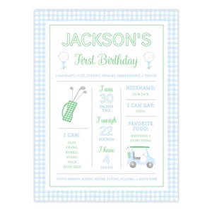 PRINTABLE 18x24 Golf Milestone Sign | Blue Gingham Golf Birthday Decor | Editable Corjl Template | Hole in One Golf First Birthday Stats 101