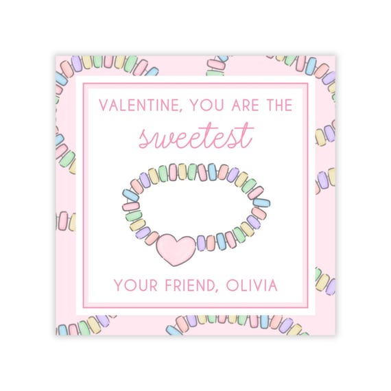 Printable Valentines Day Card for Kids, Valentine Tag, Digital Candy Bracelet Valentine, Bracelet Valentine Template, Valentine Tag for Girl