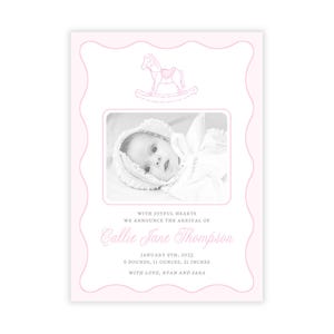 Anuncio de nacimiento de niña imprimible / Plantilla Corjl editable / Tarjeta fotográfica para recién nacida / Descarga digital / Colección "Caballito mecedor rosa"
