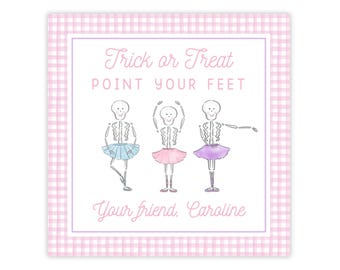 May include: A square card with a pink and white gingham border featuring three skeleton ballerinas in blue, pink, and purple tutus. The text reads: Trick or Treat, POINT YOUR FEET, and Your friend, Caroline. The design is centered on a white background.