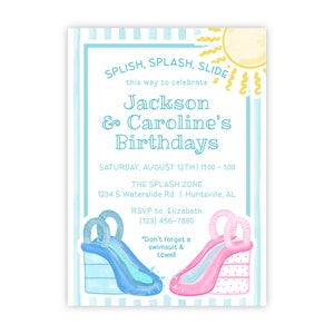 Wasserrutsche Geburtstagseinladung zum Ausdrucken | Gemeinsame Pool-Party einladen Bearbeitbare Corjl-Vorlage | Boy & Girl Summer Bash | Sofortdownload