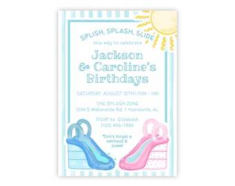 PRINTABLE Water Slide Birthday Invitation | Joint Pool Party Invite | Editable Corjl Template | Boy & Girl Summer Bash | Sibling Party | 130