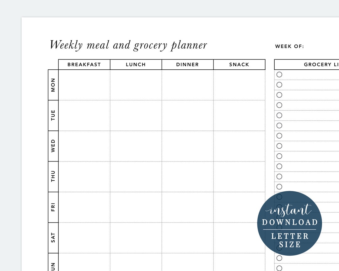 Weekly Meal Plan Printable With Grocery List Weekly Meal - Etsy