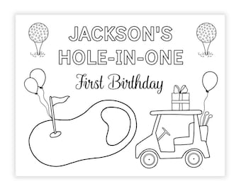 PRINTABLE Golf Coloring Page | Personalized Birthday Activity | Editable Corjl Template | Hole in One Golf First Birthday Favor 101, 102