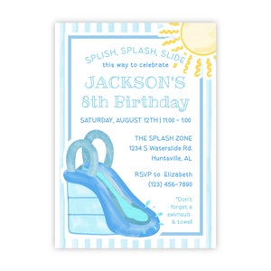 PRINTABLE Blue Water Slide Birthday Invitation | Pool Party Invite for Kids | Editable Corjl Template | Summer Party | Boy Birthday | 128