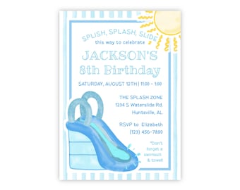 PRINTABLE Blue Water Slide Birthday Invitation | Pool Party Invite for Kids | Editable Corjl Template | Summer Party | Boy Birthday | 128