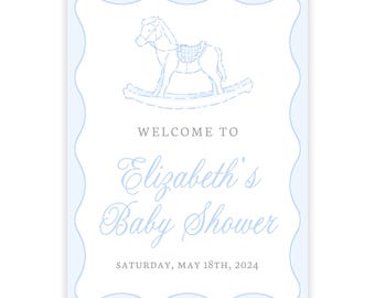 PRINTABLE 18x24 Boy Baby Shower Welcome Sign | Self-edit Corjl Template | Blue Rocking Horse Baby Shower Sign