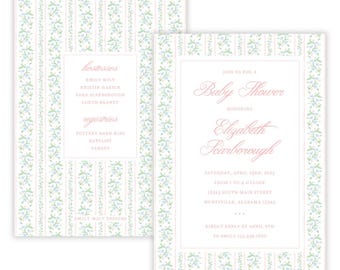May include: A white baby shower invitation with a floral border. The invitation reads "Join us for a Baby Shower honoring Elizabeth Scarborough" with the date, time, and location. The invitation also includes the text "Kindly reply by April 8th to Emily 123.436.3890".