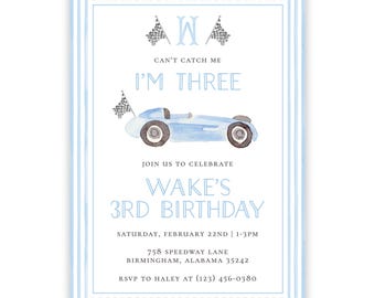 PRINTABLE Blue Vintage Race Car Birthday Invitation Template by Emily Wilt Designs