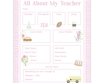 PRINTABLE Teacher Questionnaire PDF and Editable Corjl Template | Back to School “All About My Teacher” Survey | Favorite Things + Fun Facts